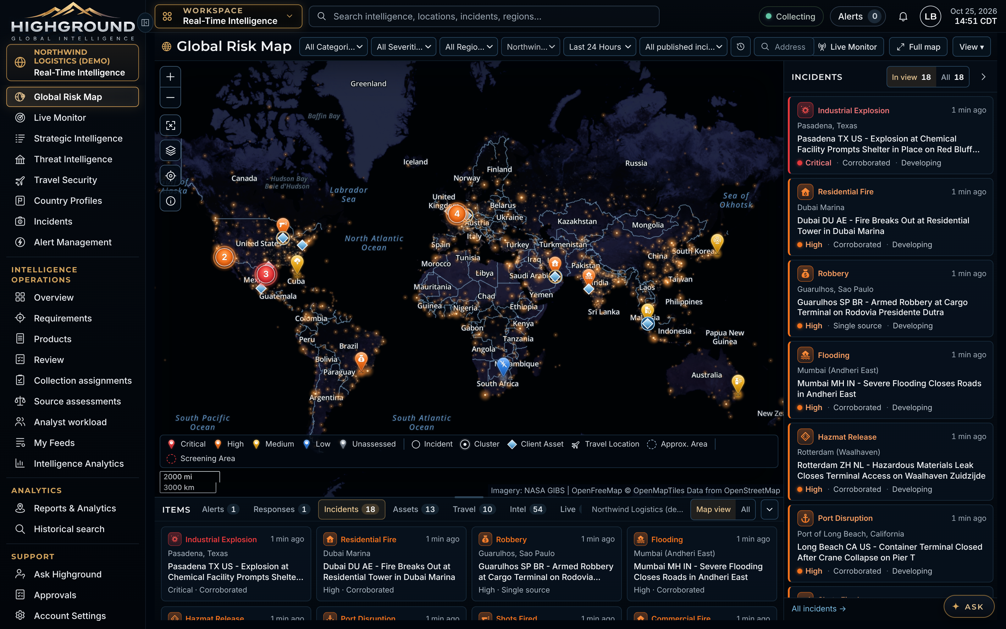 Highground Global Risk Map showing verified incidents worldwide by severity