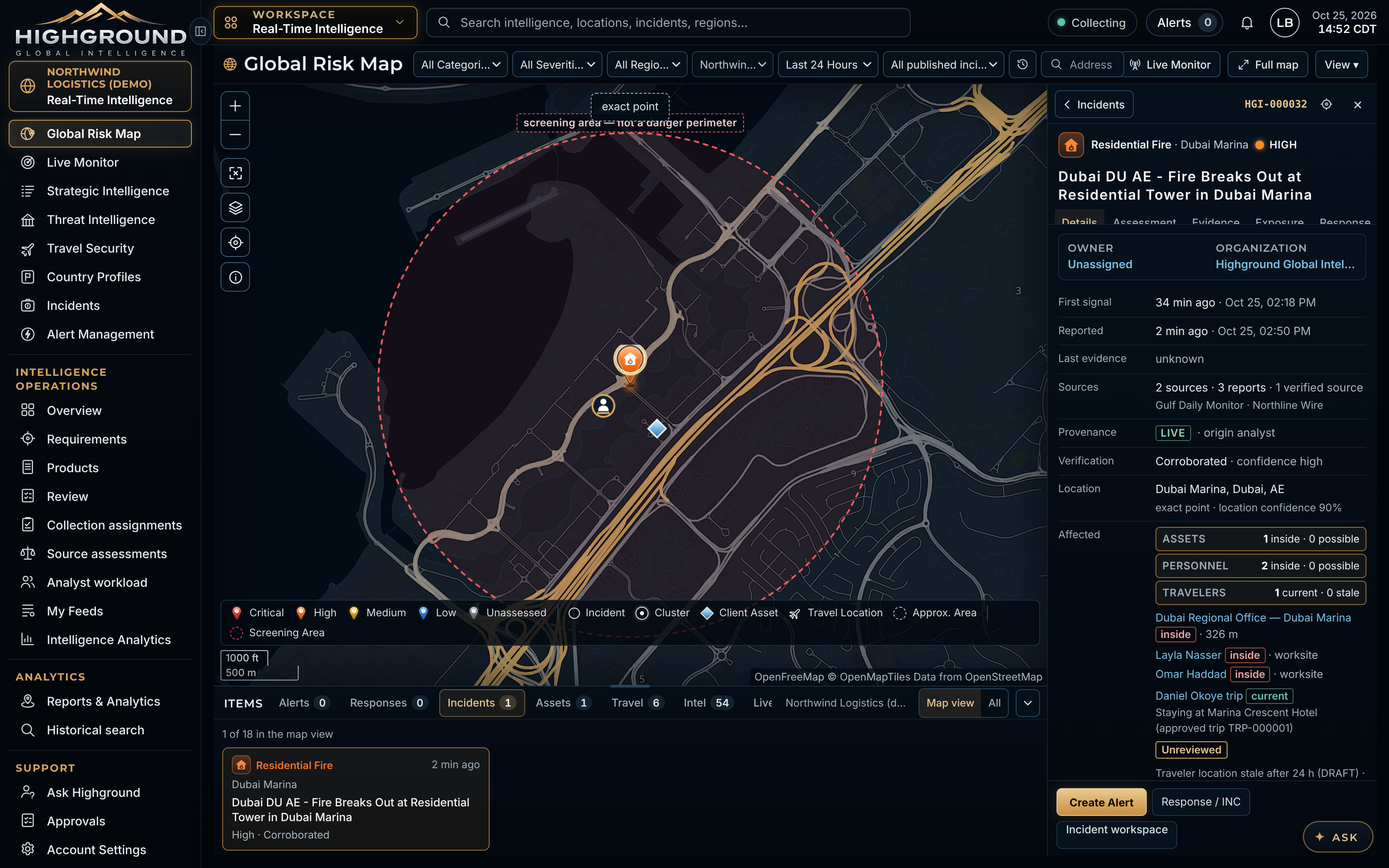 Street-level incident on the Global Risk Map with its exposure radius, client sites and a traveler at their hotel