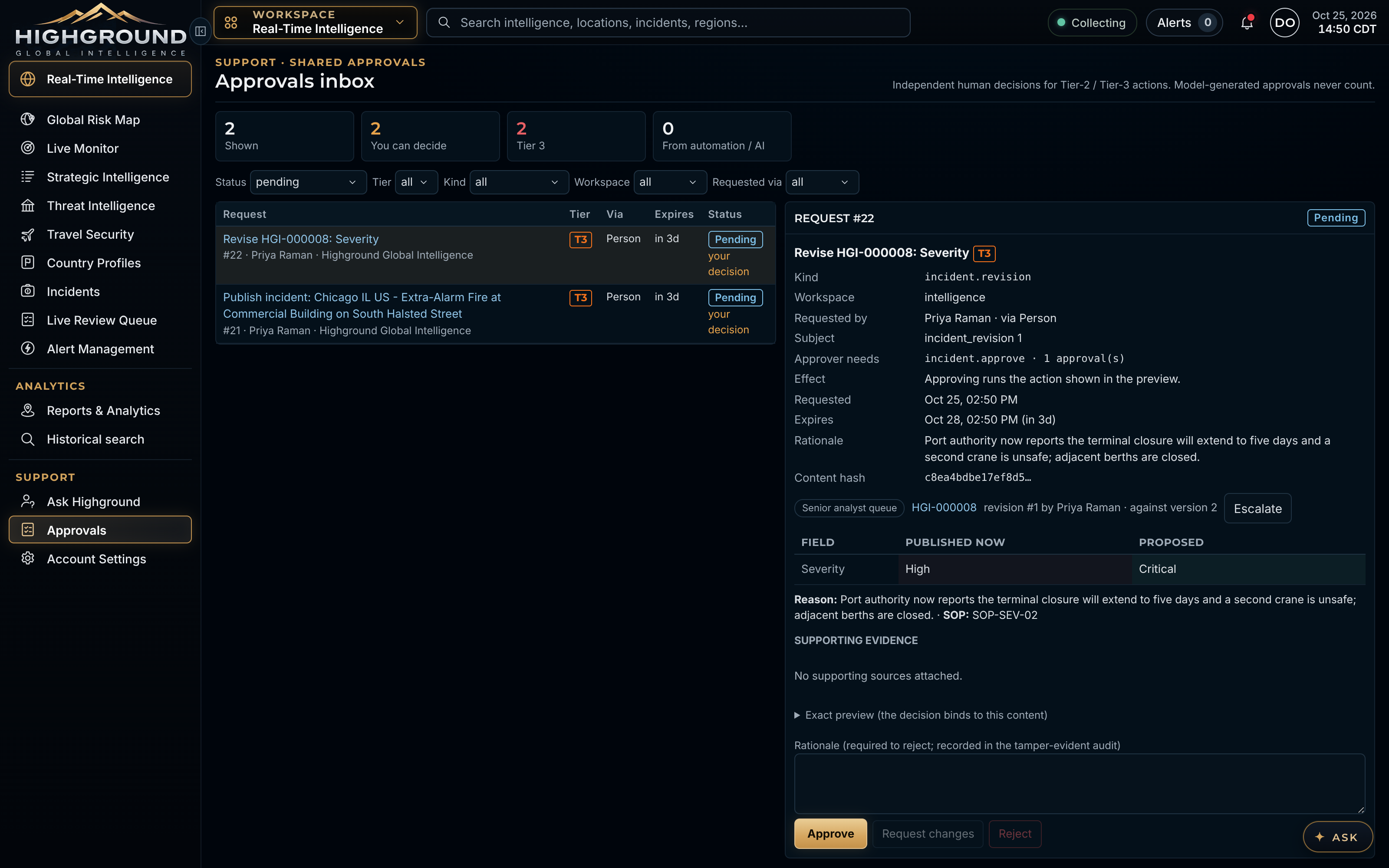 Senior analyst approval comparing the proposed incident with the current version